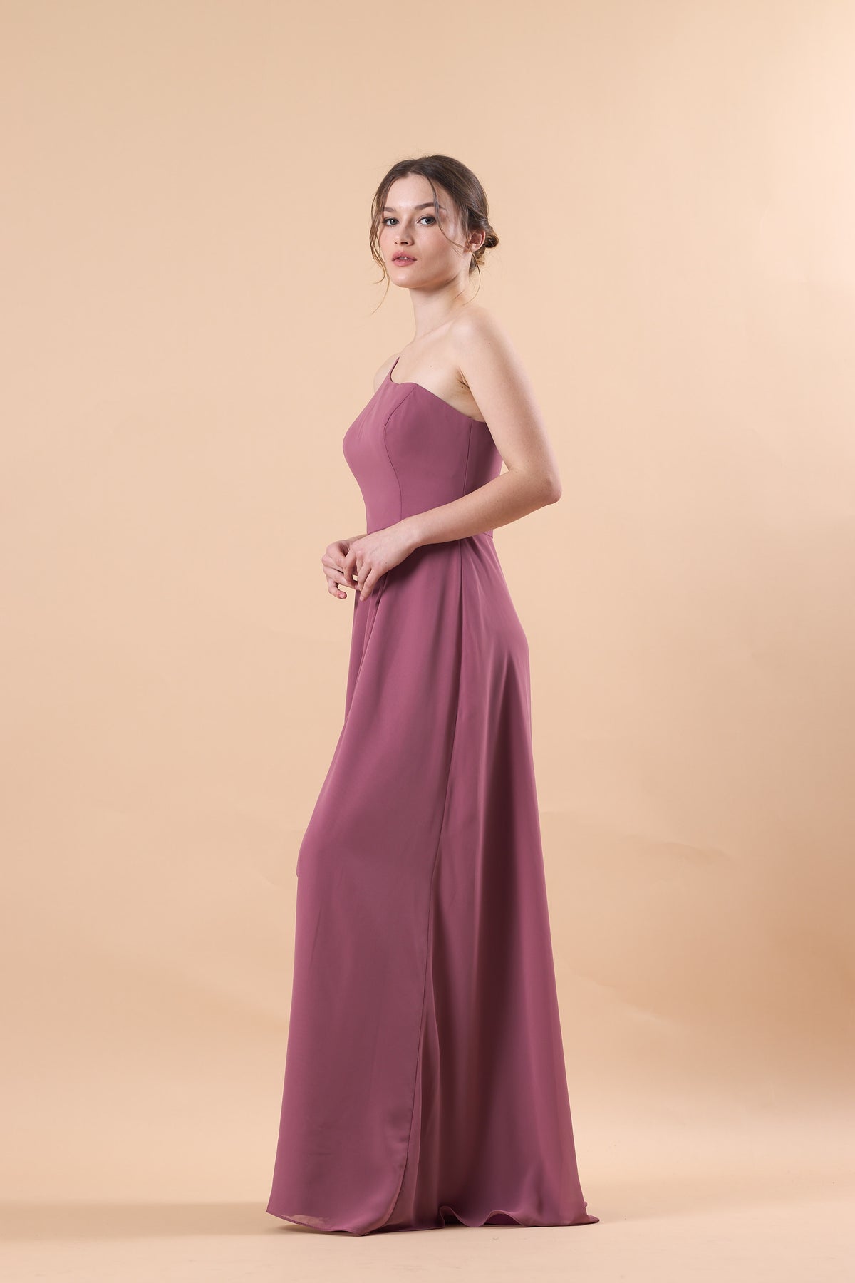 Mauve One Shoulder Chiffon Floor-Length Bridesmaid Dress With High Side Slit | US Sizes | Ship in 72 Hours