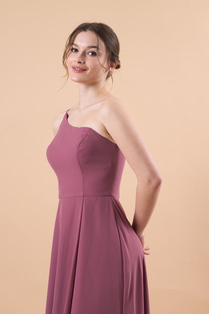 Mauve One Shoulder Chiffon Floor-Length Bridesmaid Dress With High Side Slit | US Sizes | Ship in 72 Hours