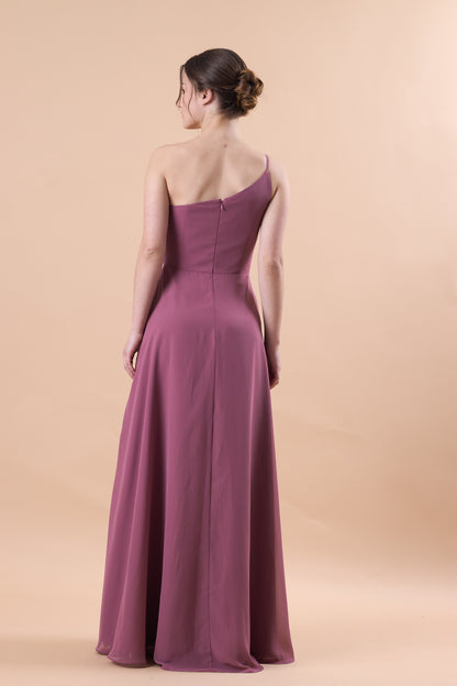 Mauve One Shoulder Chiffon Floor-Length Bridesmaid Dress With High Side Slit | US Sizes | Ship in 72 Hours