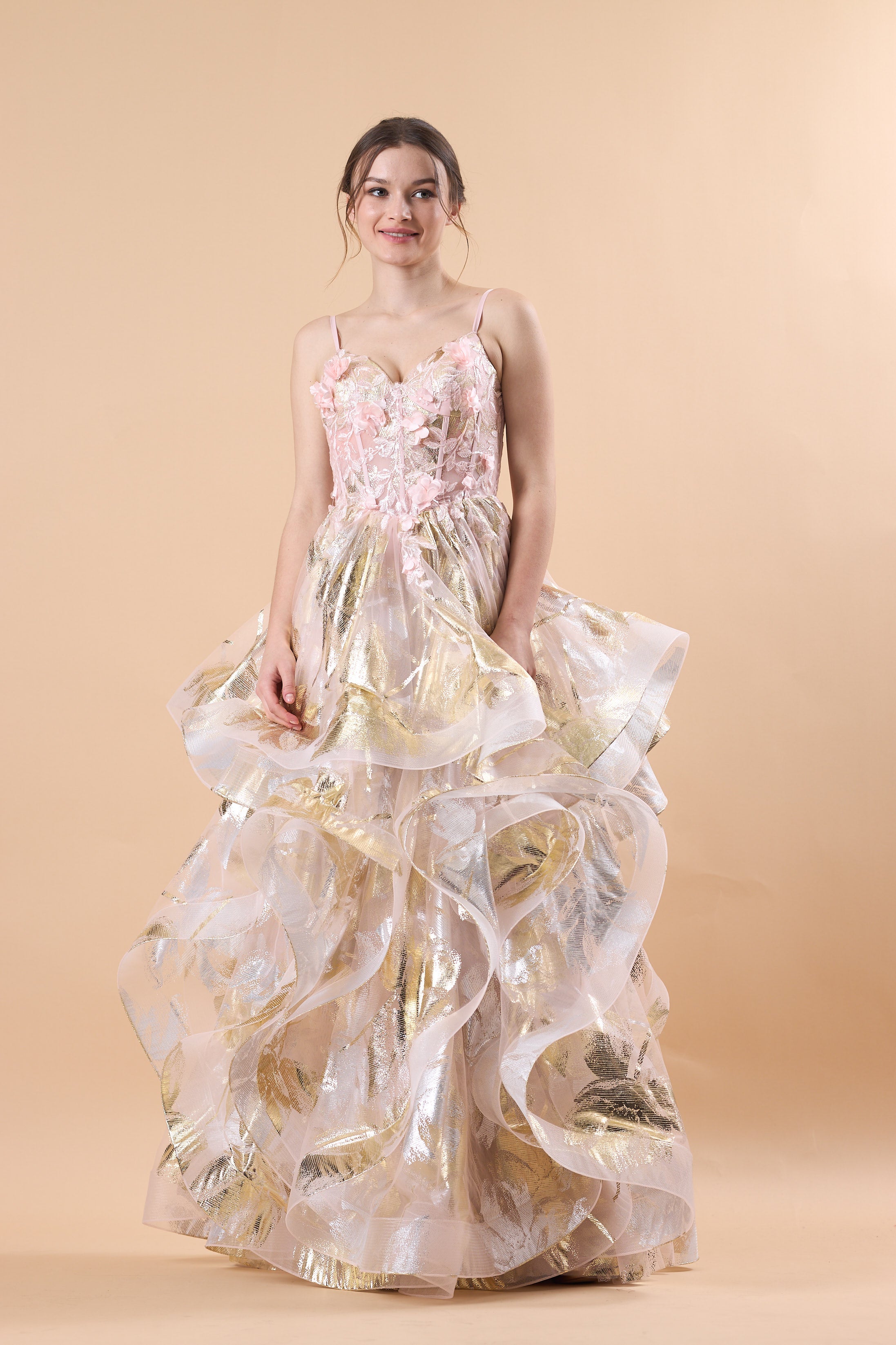 Pink Spaghetti Strap 3D Floral Layered Metallic Tulle Ball Gown | US Sizes | Ship in 72 Hours