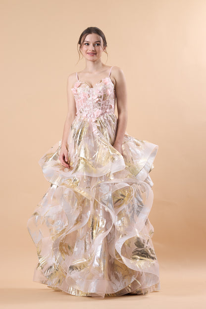 Pink Spaghetti Strap 3D Floral Layered Metallic Tulle Ball Gown | US Sizes | Ship in 72 Hours
