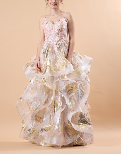 Pink Spaghetti Strap 3D Floral Layered Metallic Tulle Ball Gown | US Sizes | Ship in 72 Hours