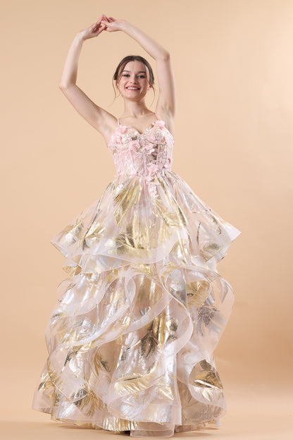Pink Spaghetti Strap 3D Floral Layered Metallic Tulle Ball Gown | US Sizes | Ship in 72 Hours