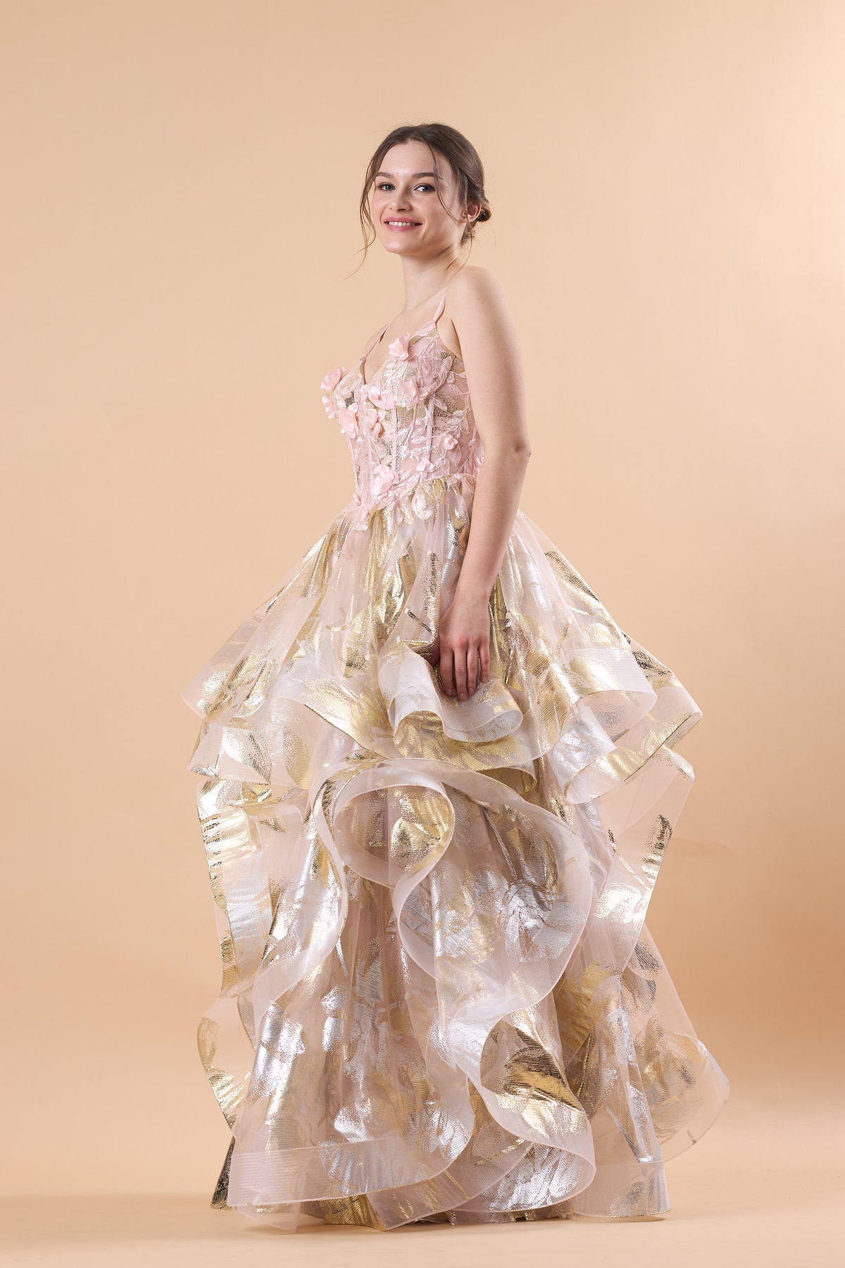Pink Spaghetti Strap 3D Floral Layered Metallic Tulle Ball Gown | US Sizes | Ship in 72 Hours