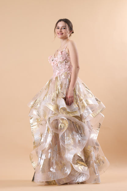 Pink Spaghetti Strap 3D Floral Layered Metallic Tulle Ball Gown | US Sizes | Ship in 72 Hours