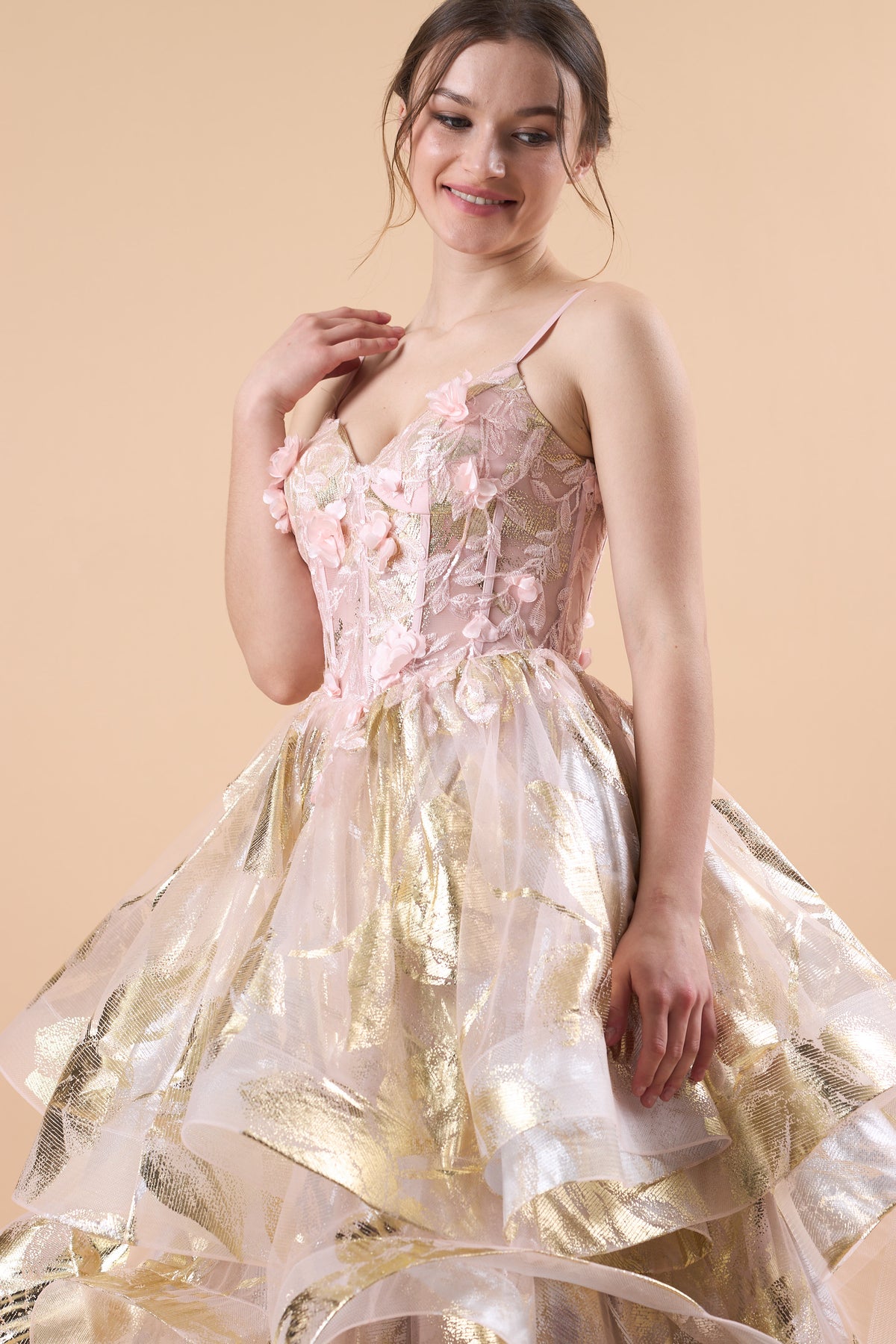 Pink Spaghetti Strap 3D Floral Layered Metallic Tulle Ball Gown | US Sizes | Ship in 72 Hours