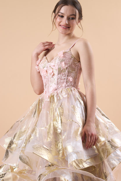 Pink Spaghetti Strap 3D Floral Layered Metallic Tulle Ball Gown | US Sizes | Ship in 72 Hours
