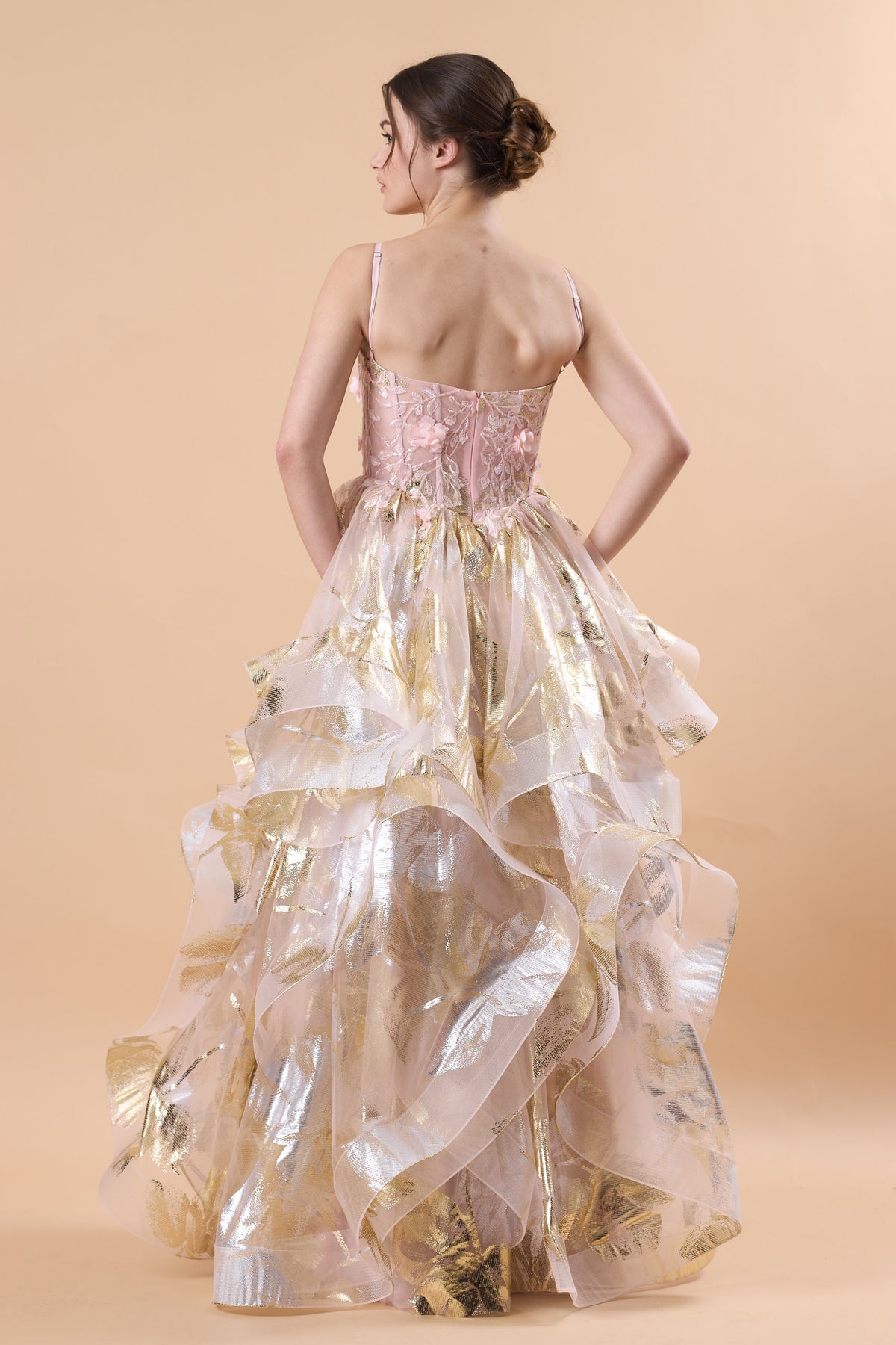 Pink Spaghetti Strap 3D Floral Layered Metallic Tulle Ball Gown | US Sizes | Ship in 72 Hours