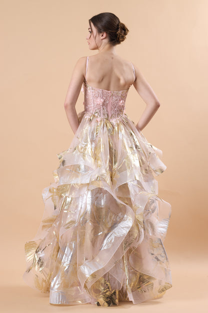 Pink Spaghetti Strap 3D Floral Layered Metallic Tulle Ball Gown | US Sizes | Ship in 72 Hours