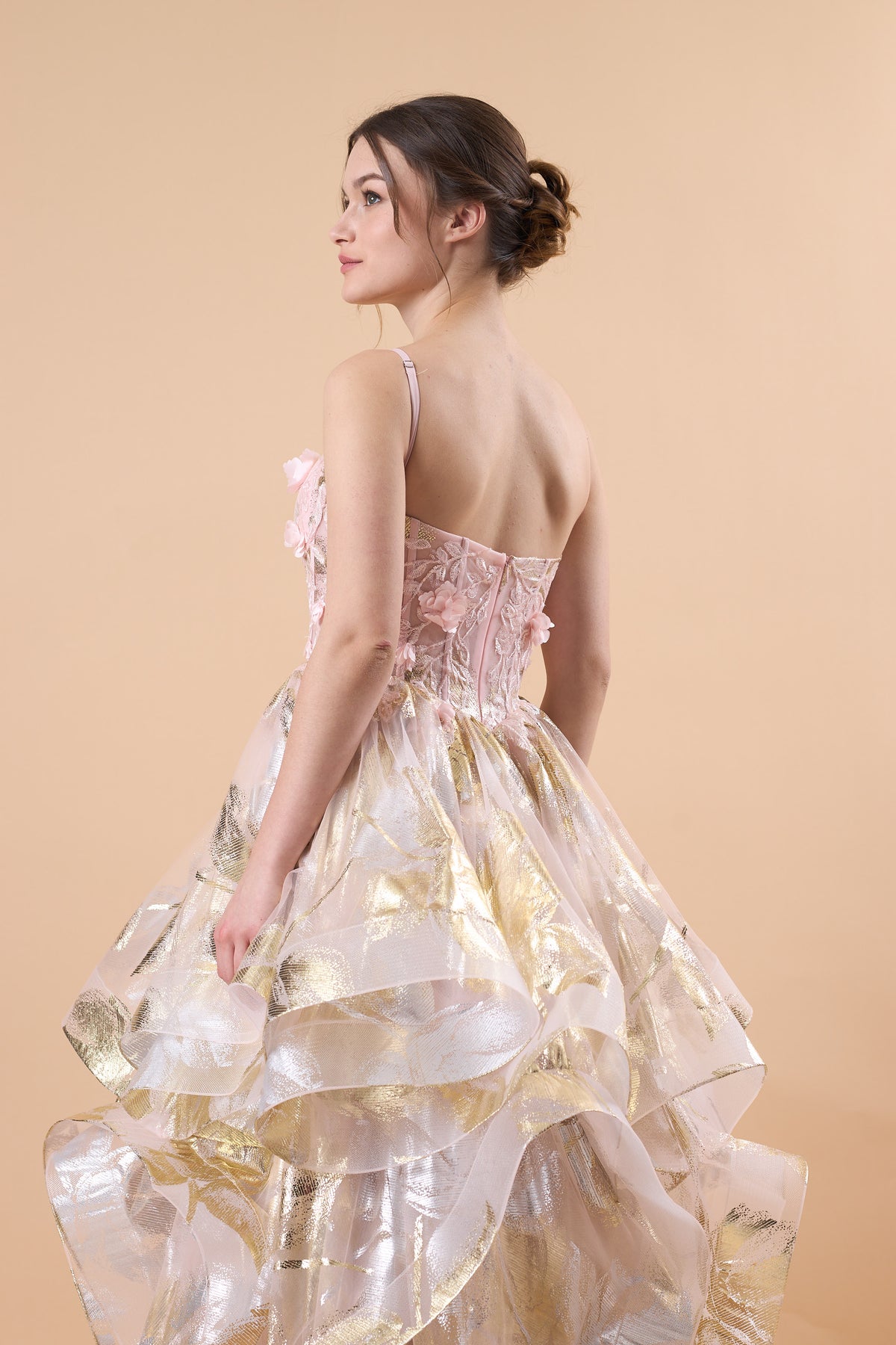 Pink Spaghetti Strap 3D Floral Layered Metallic Tulle Ball Gown | US Sizes | Ship in 72 Hours