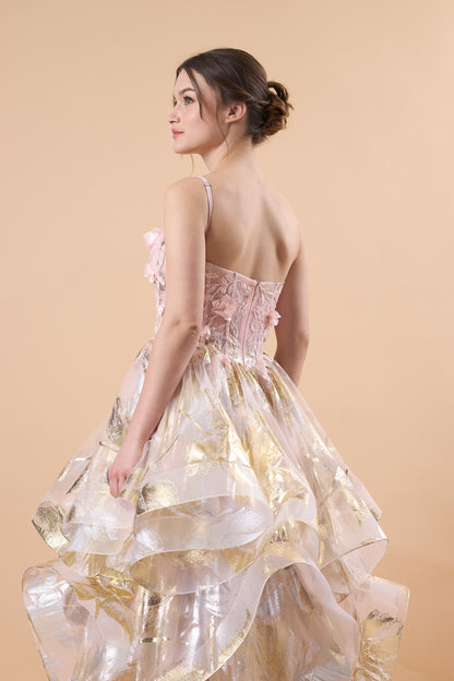 Pink Spaghetti Strap 3D Floral Layered Metallic Tulle Ball Gown | US Sizes | Ship in 72 Hours