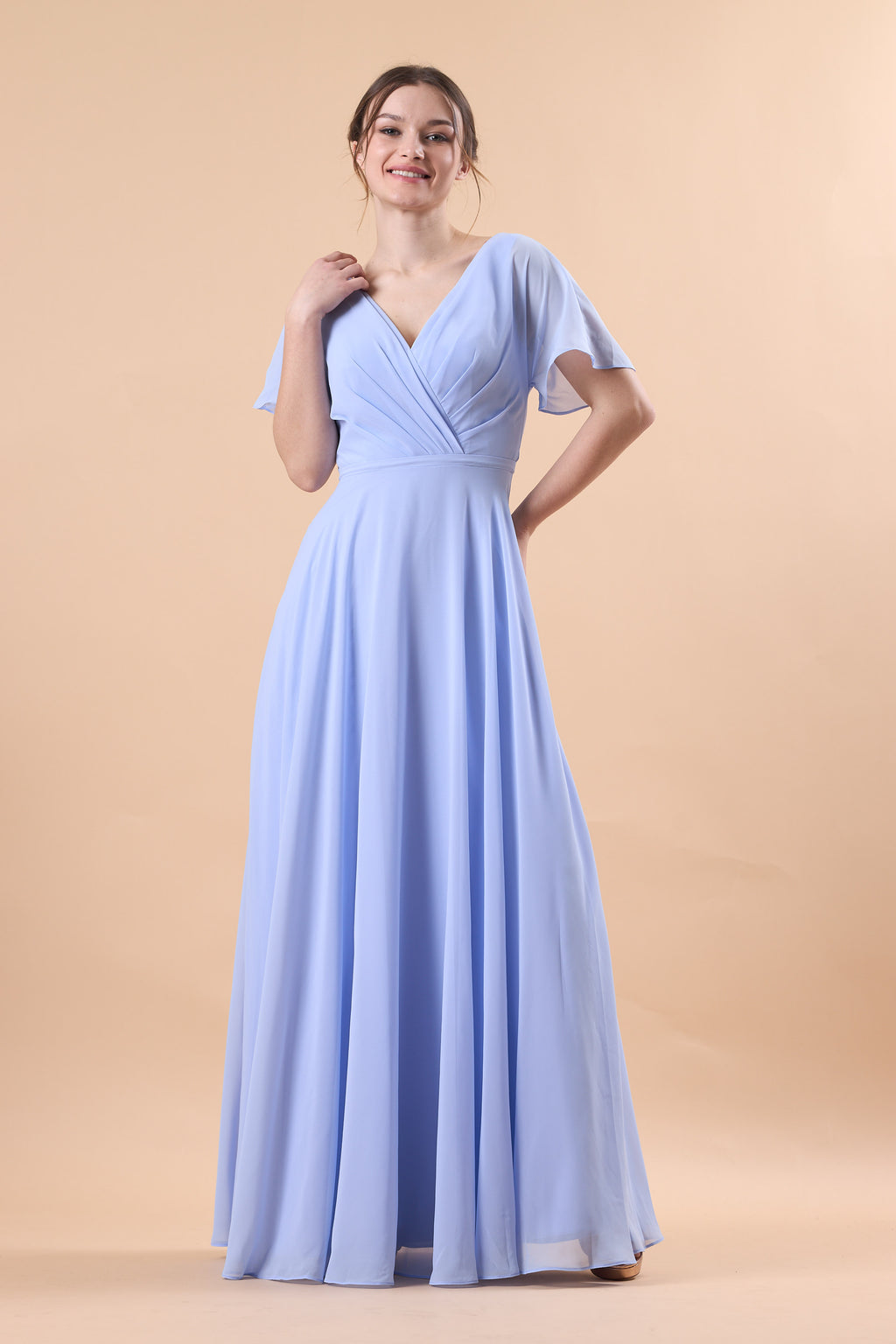 Periwinkle V Neck Flutter Sleeve Wrap Chiffon Floor-Length Bridesmaid Dress | US Sizes | Ship in 72 Hours