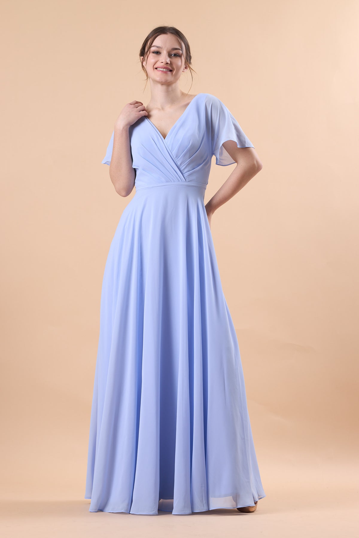Periwinkle V Neck Flutter Sleeve Wrap Chiffon Floor-Length Bridesmaid Dress | US Sizes | Ship in 72 Hours