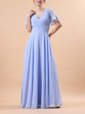 Periwinkle V Neck Flutter Sleeve Wrap Chiffon Floor-Length Bridesmaid Dress | US Sizes | Ship in 72 Hours