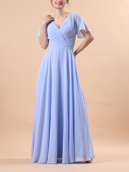 Periwinkle V Neck Flutter Sleeve Wrap Chiffon Floor-Length Bridesmaid Dress | US Sizes | Ship in 72 Hours