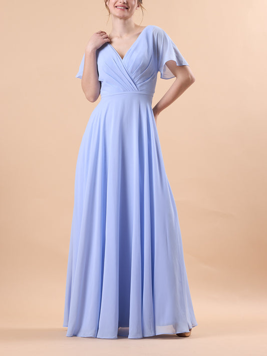 Periwinkle V Neck Flutter Sleeve Wrap Chiffon Floor-Length Bridesmaid Dress | US Sizes | Ship in 72 Hours