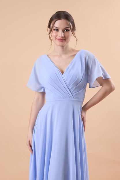 Periwinkle V Neck Flutter Sleeve Wrap Chiffon Floor-Length Bridesmaid Dress | US Sizes | Ship in 72 Hours