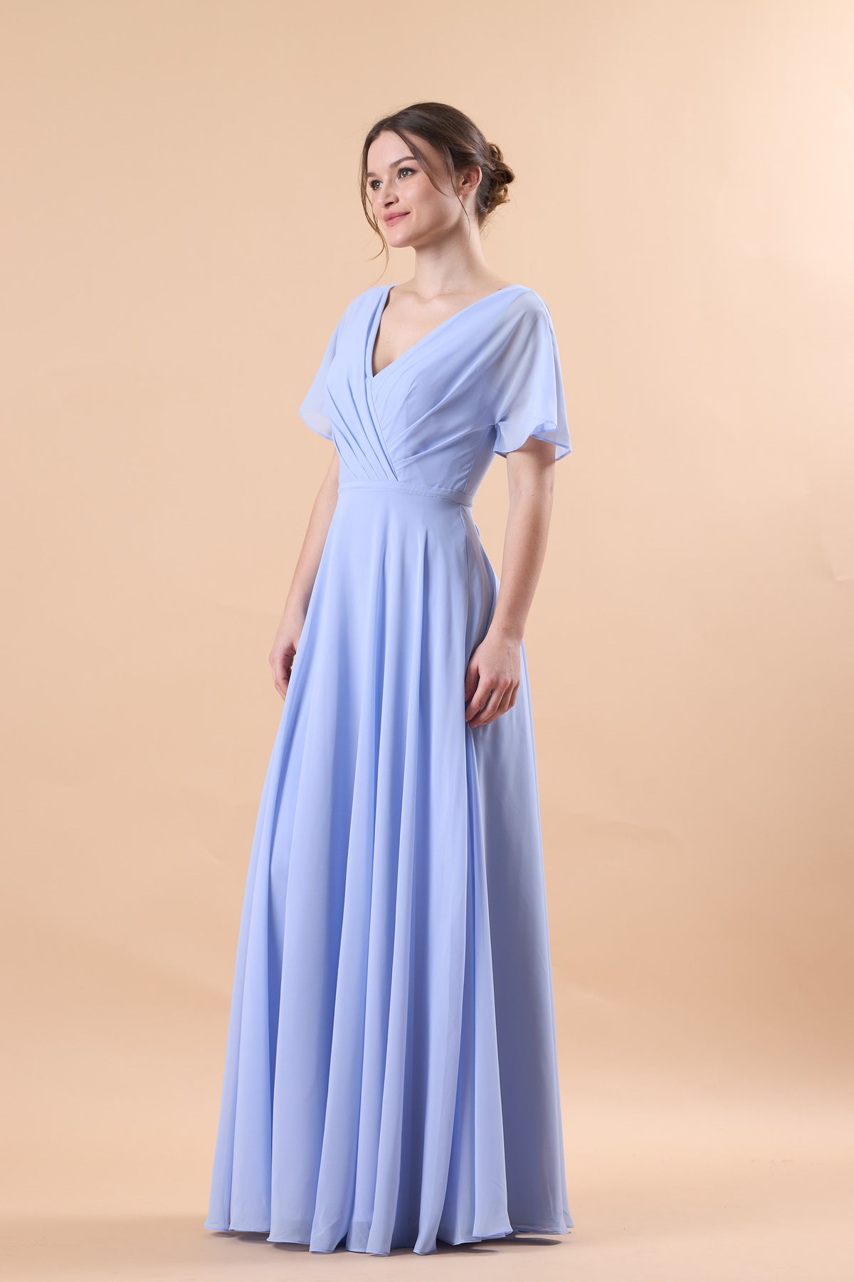 Periwinkle V Neck Flutter Sleeve Wrap Chiffon Floor-Length Bridesmaid Dress | US Sizes | Ship in 72 Hours