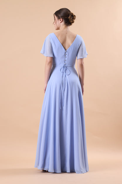 Periwinkle V Neck Flutter Sleeve Wrap Chiffon Floor-Length Bridesmaid Dress | US Sizes | Ship in 72 Hours