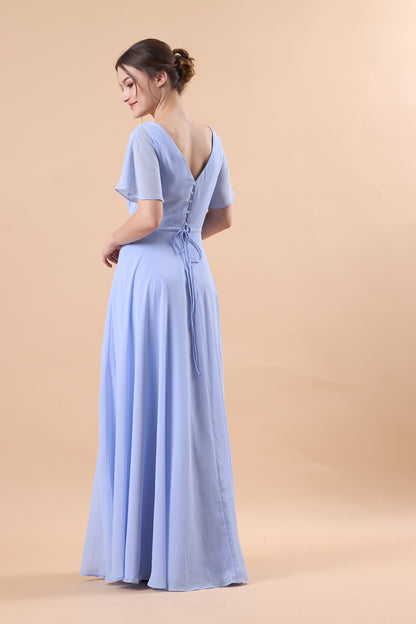 Periwinkle V Neck Flutter Sleeve Wrap Chiffon Floor-Length Bridesmaid Dress | US Sizes | Ship in 72 Hours