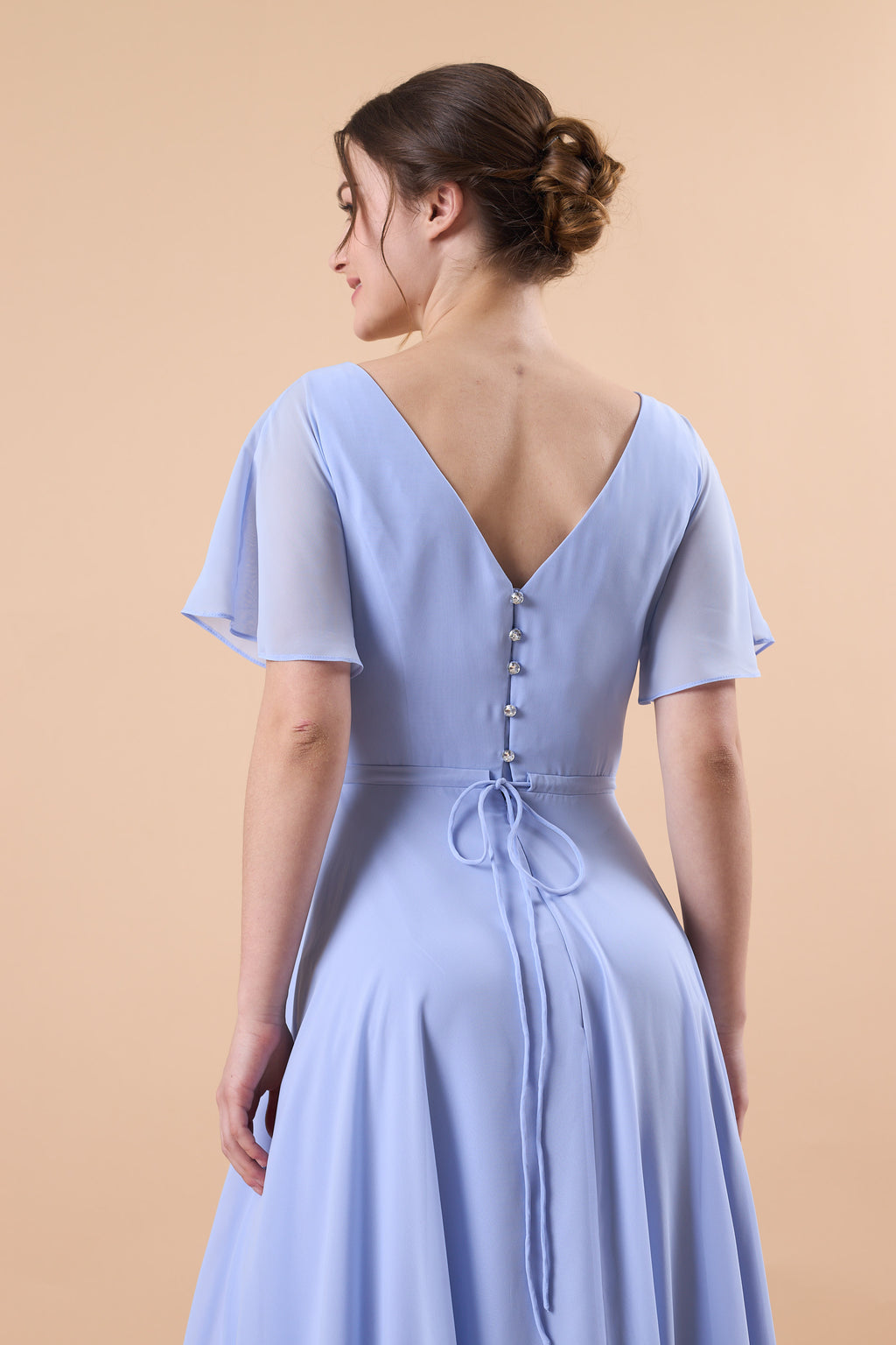 Periwinkle V Neck Flutter Sleeve Wrap Chiffon Floor-Length Bridesmaid Dress | US Sizes | Ship in 72 Hours