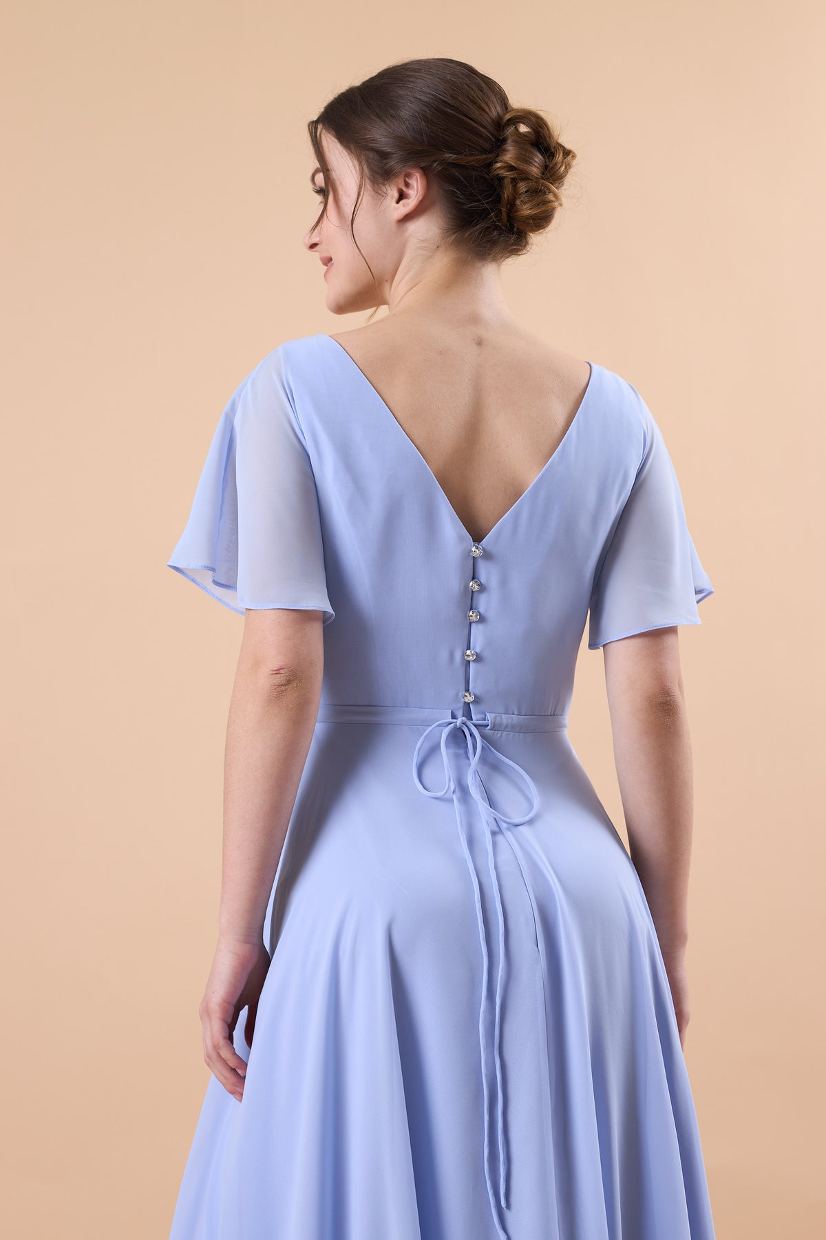 Periwinkle V Neck Flutter Sleeve Wrap Chiffon Floor-Length Bridesmaid Dress | US Sizes | Ship in 72 Hours
