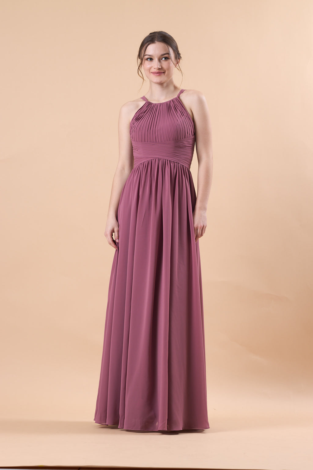 Mauve Halter Pleated Chiffon Floor-Length Bridesmaid Dress | US Sizes | Ship in 72 Hours