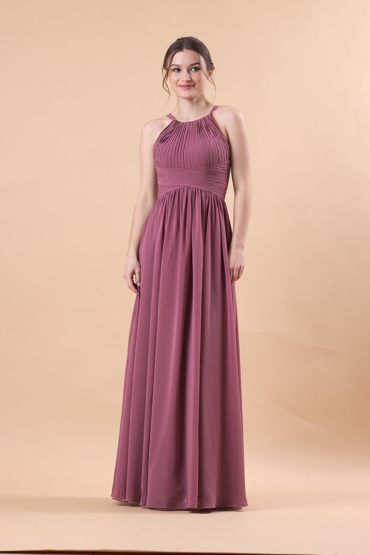 Mauve Halter Pleated Chiffon Floor-Length Bridesmaid Dress | US Sizes | Ship in 72 Hours