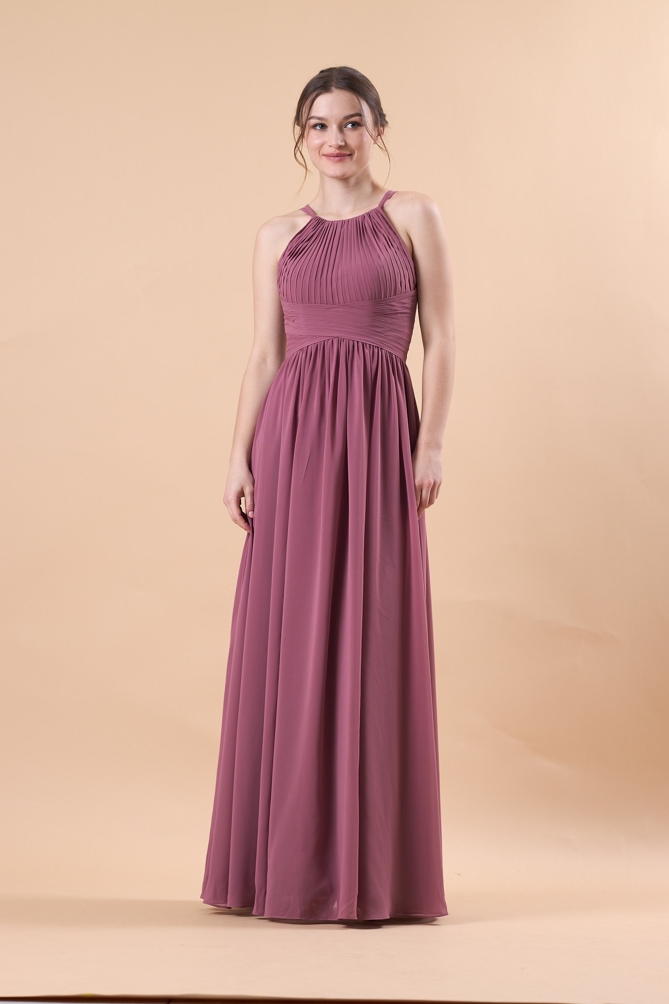 Mauve Halter Pleated Chiffon Floor-Length Bridesmaid Dress | US Sizes | Ship in 72 Hours