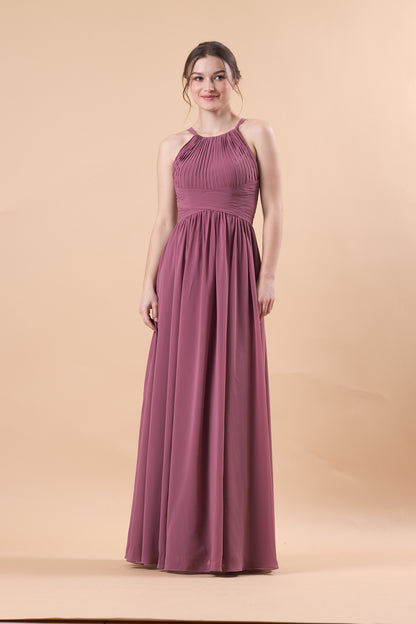 Mauve Halter Pleated Chiffon Floor-Length Bridesmaid Dress | US Sizes | Ship in 72 Hours