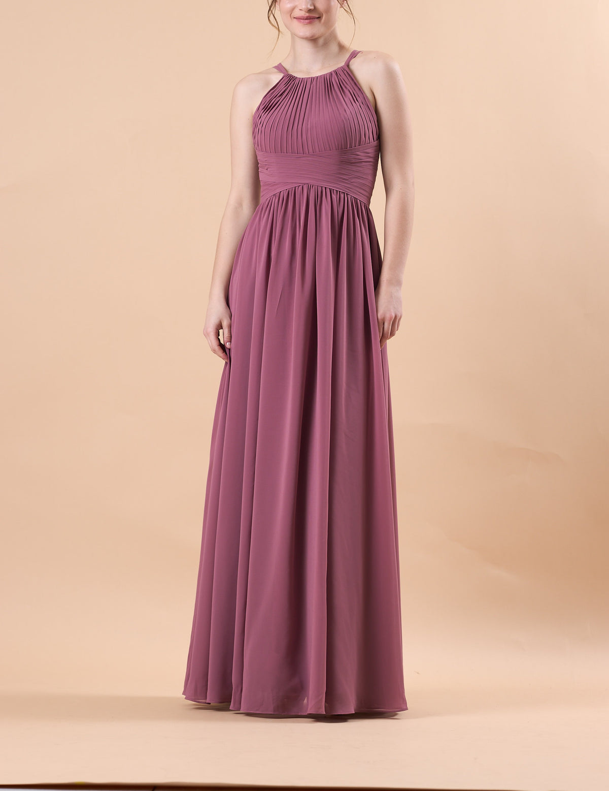 Mauve Halter Pleated Chiffon Floor-Length Bridesmaid Dress | US Sizes | Ship in 72 Hours