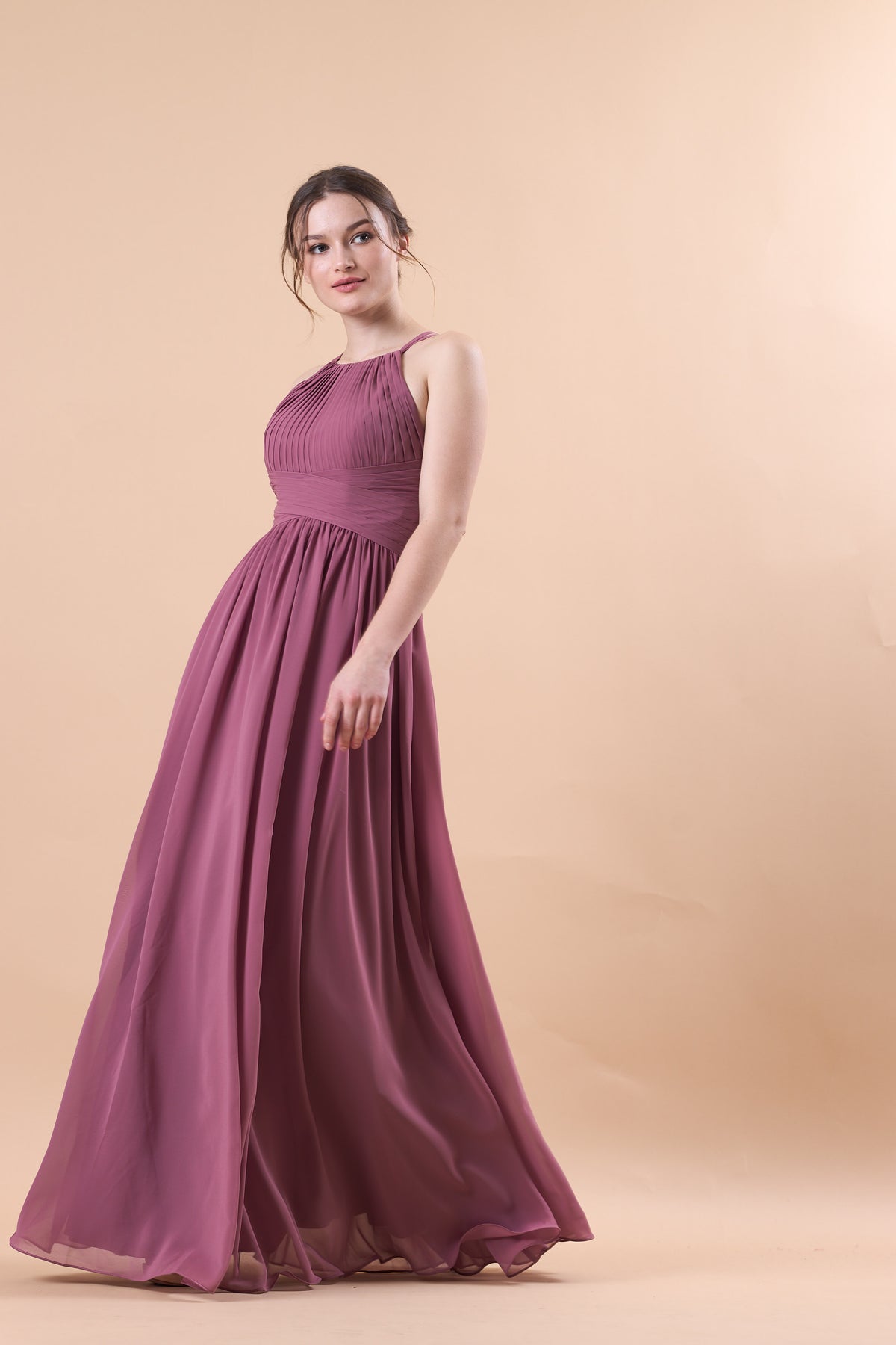 Mauve Halter Pleated Chiffon Floor-Length Bridesmaid Dress | US Sizes | Ship in 72 Hours