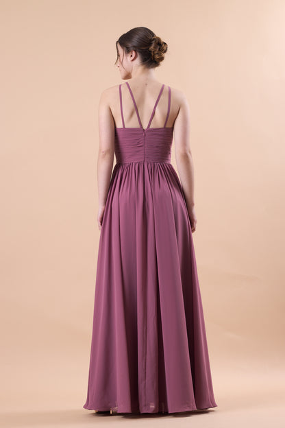 Mauve Halter Pleated Chiffon Floor-Length Bridesmaid Dress | US Sizes | Ship in 72 Hours