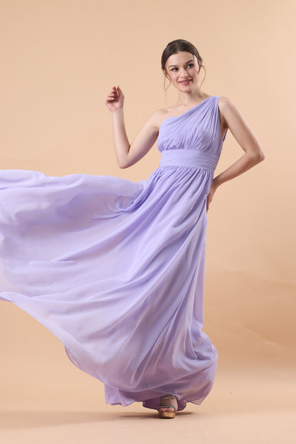 Lavender One Shoulder Ruched Chiffon Floor-Length Bridesmaid Dress | US Sizes | Ship in 72 Hours