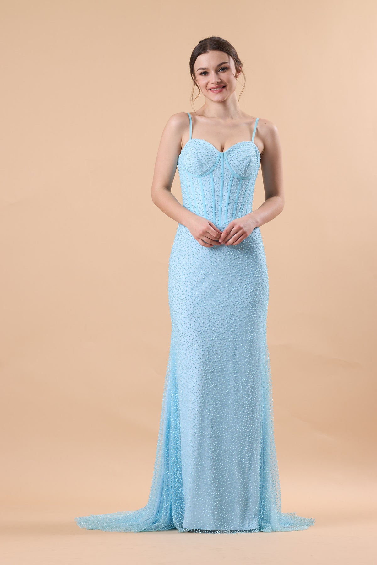 Light Blue Spaghetti Strap Corset Beaded Mermaid Train Formal Gown | US Sizes | Ship in 72 Hours