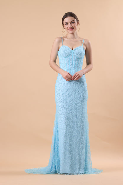 Light Blue Spaghetti Strap Corset Beaded Mermaid Train Formal Gown | US Sizes | Ship in 72 Hours