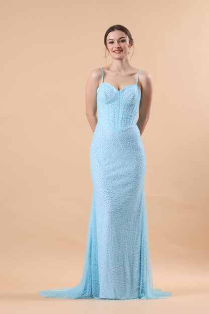 Light Blue Spaghetti Strap Corset Beaded Mermaid Train Formal Gown | US Sizes | Ship in 72 Hours