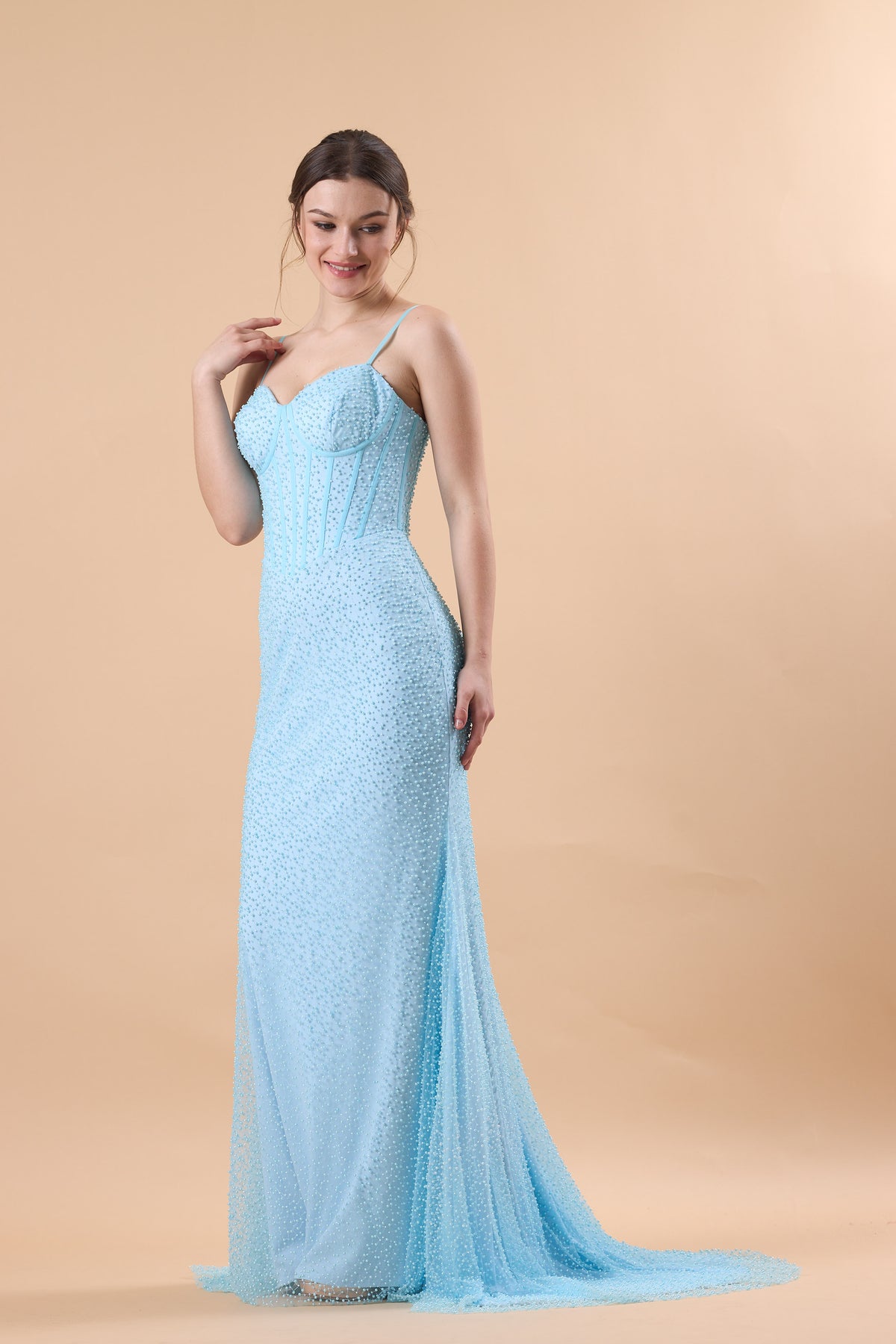 Light Blue Spaghetti Strap Corset Beaded Mermaid Train Formal Gown | US Sizes | Ship in 72 Hours