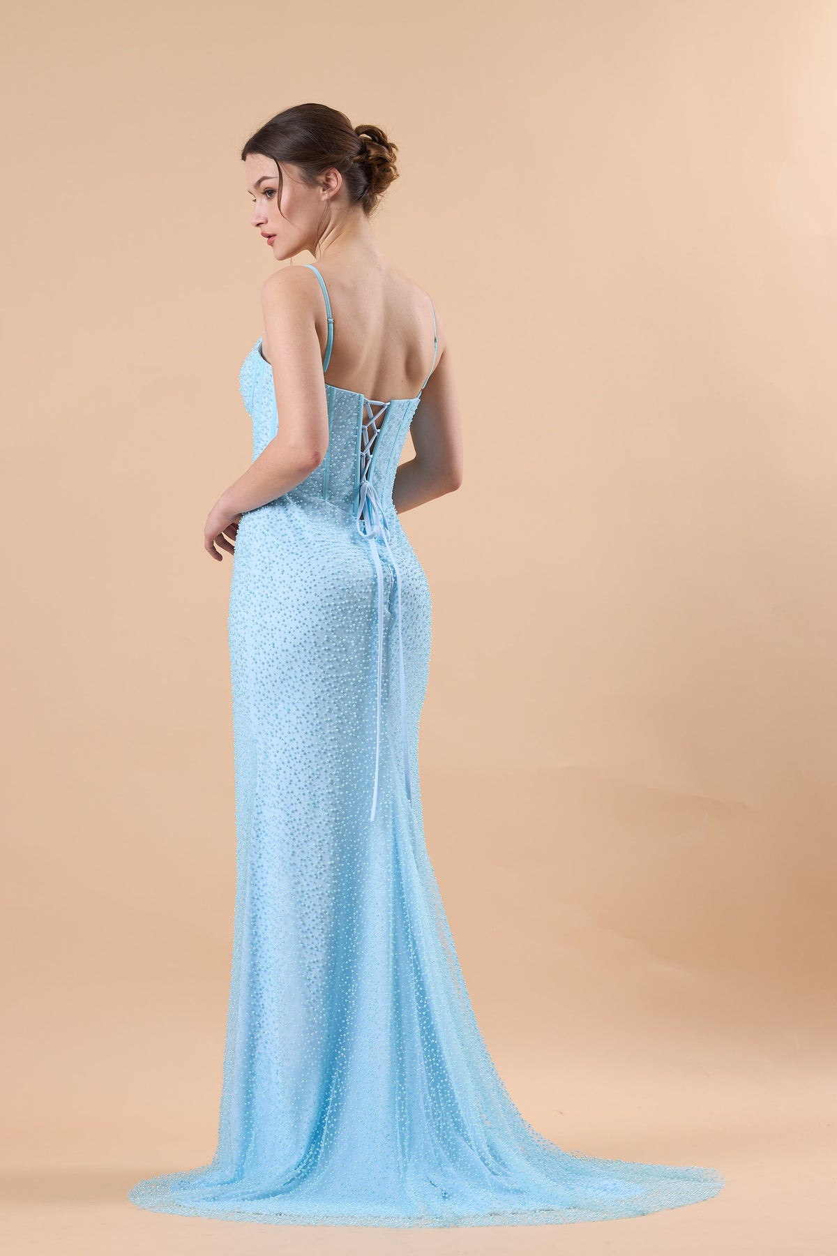 Light Blue Spaghetti Strap Corset Beaded Mermaid Train Formal Gown | US Sizes | Ship in 72 Hours