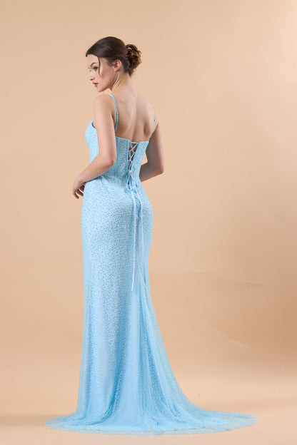 Light Blue Spaghetti Strap Corset Beaded Mermaid Train Formal Gown | US Sizes | Ship in 72 Hours