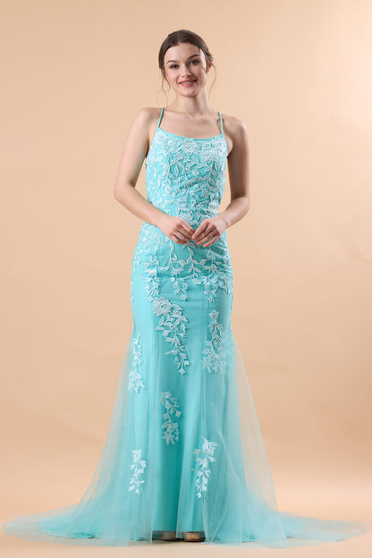 Turquoise Spaghetti Strap Lace Applique Mermaid Tulle Formal Gown | US Sizes | Ship in 72 Hours