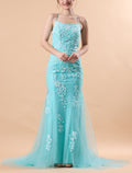 Turquoise Spaghetti Strap Lace Applique Mermaid Tulle Formal Gown | US Sizes | Ship in 72 Hours