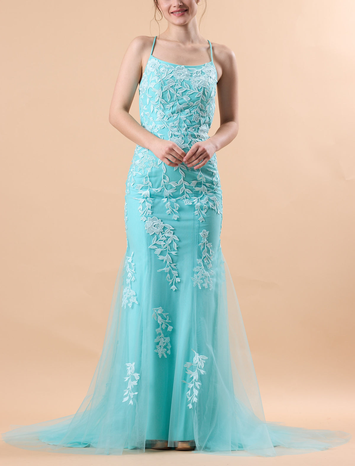 Turquoise Spaghetti Strap Lace Applique Mermaid Tulle Formal Gown | US Sizes | Ship in 72 Hours