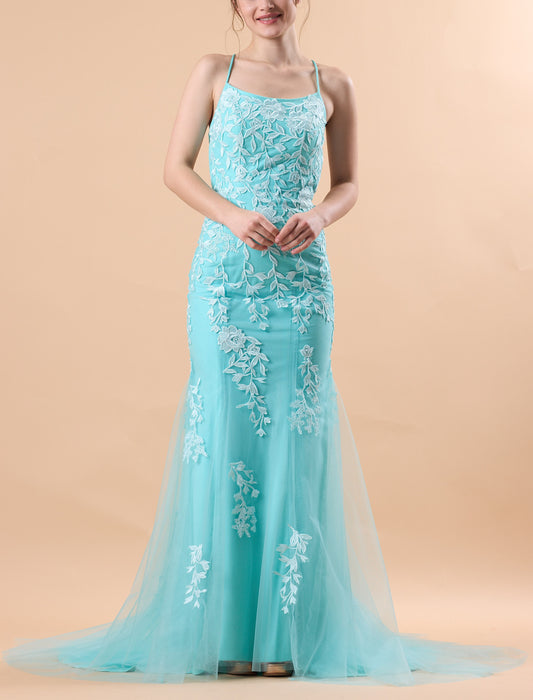 Turquoise Spaghetti Strap Lace Applique Mermaid Tulle Formal Gown | US Sizes | Ship in 72 Hours