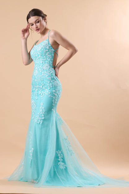 Turquoise Spaghetti Strap Lace Applique Mermaid Tulle Formal Gown | US Sizes | Ship in 72 Hours