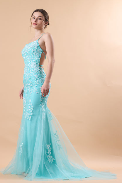 Turquoise Spaghetti Strap Lace Applique Mermaid Tulle Formal Gown | US Sizes | Ship in 72 Hours