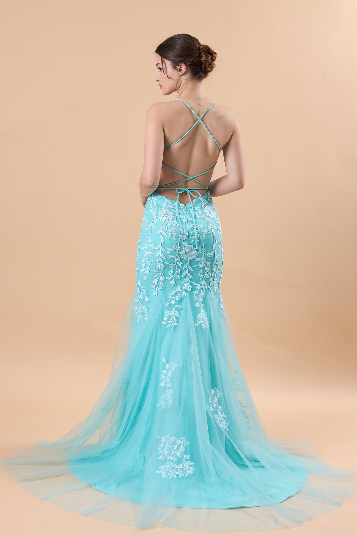 Turquoise Spaghetti Strap Lace Applique Mermaid Tulle Formal Gown | US Sizes | Ship in 72 Hours