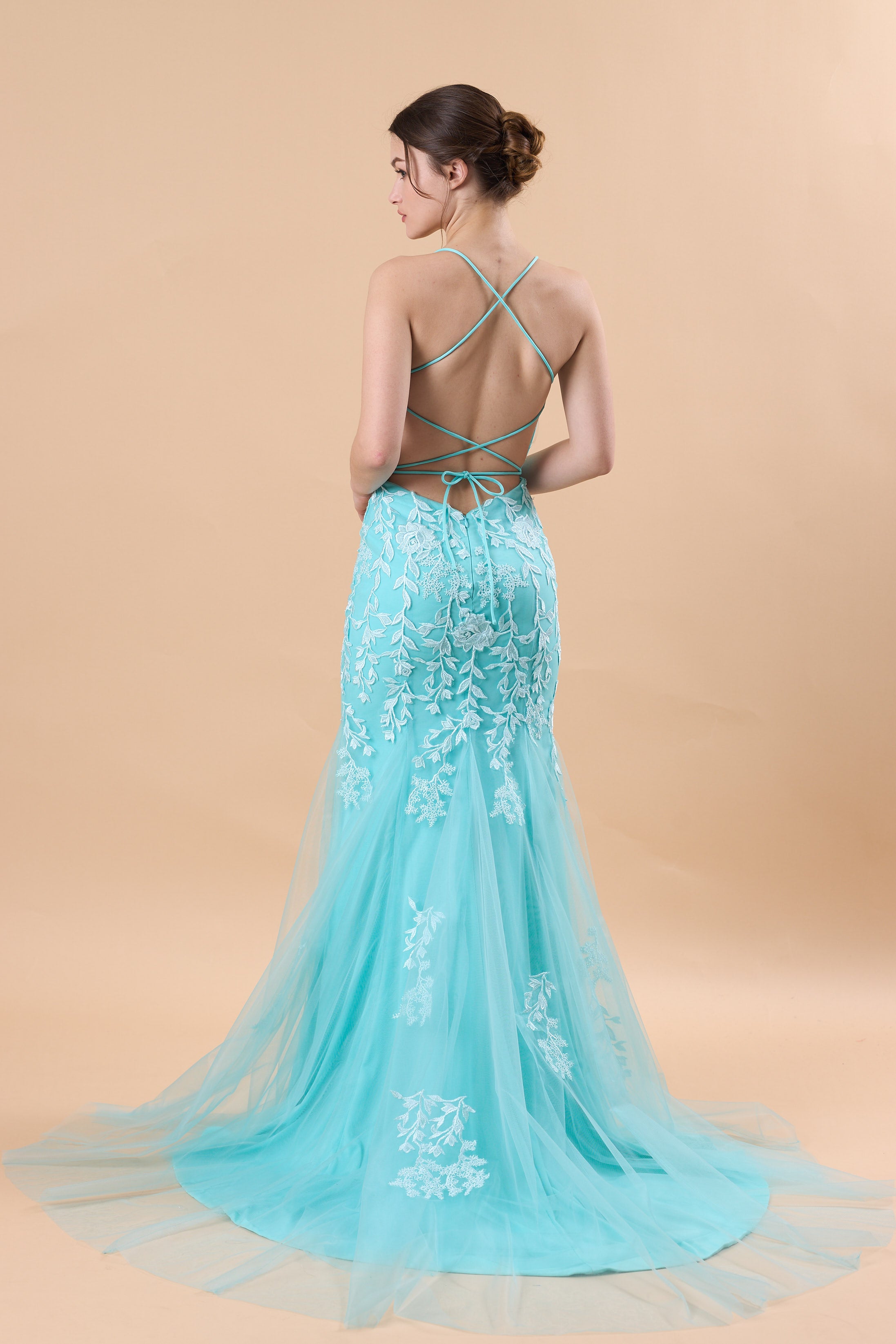 Turquoise Spaghetti Strap Lace Applique Mermaid Tulle Formal Gown | US Sizes | Ship in 72 Hours