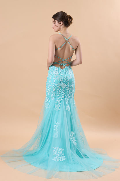 Turquoise Spaghetti Strap Lace Applique Mermaid Tulle Formal Gown | US Sizes | Ship in 72 Hours