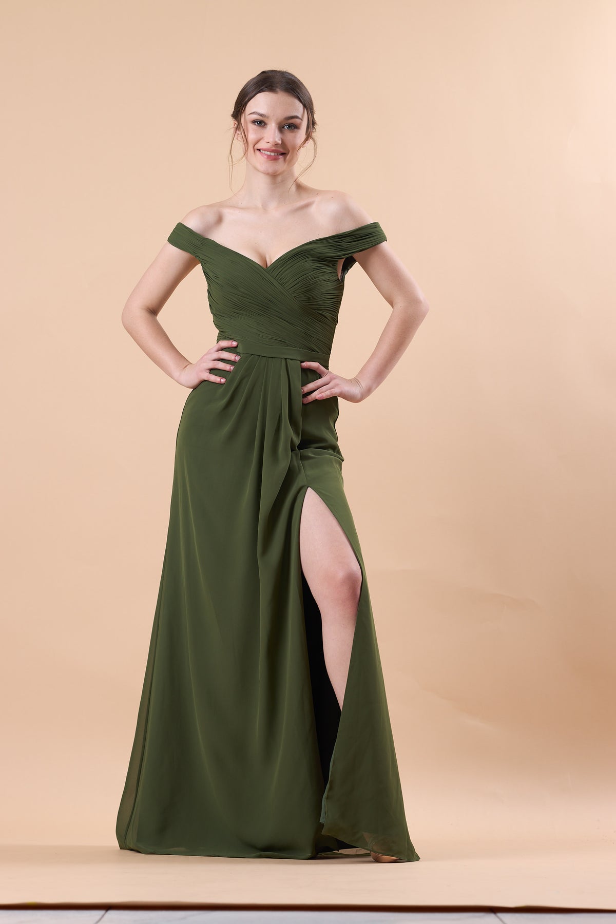 Olive Green Off Shoulder Ruched Chiffon Floor-Length Bridesmaid Dress With High Side Slit | US Sizes | Ship in 72 Hours